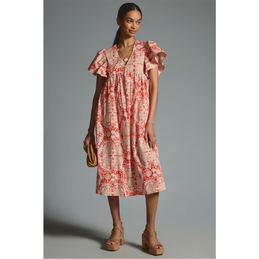 Anthropologie Red & Cream Floral Midi Dress